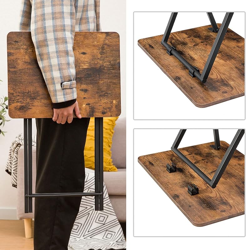 Mesa lateral com bandeja, sofá dobrável com bandeja de madeira removível, mesa de centro de estilo vintage com estrutura metálica, estilo industrial contemporâneo, castanho rústico EBF29BZ01
