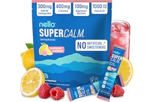 Nello Supercalm Powdered Drink Mix, Cortisol Reducer and Sleep Aid Supplement, L Theanine, Ksm-66 Ashwagandha, Magnesium Glycinate, Vitamin D 3, No Sugar, Non GMO, On The Go, 20 Ct, Raspberry Lemonade