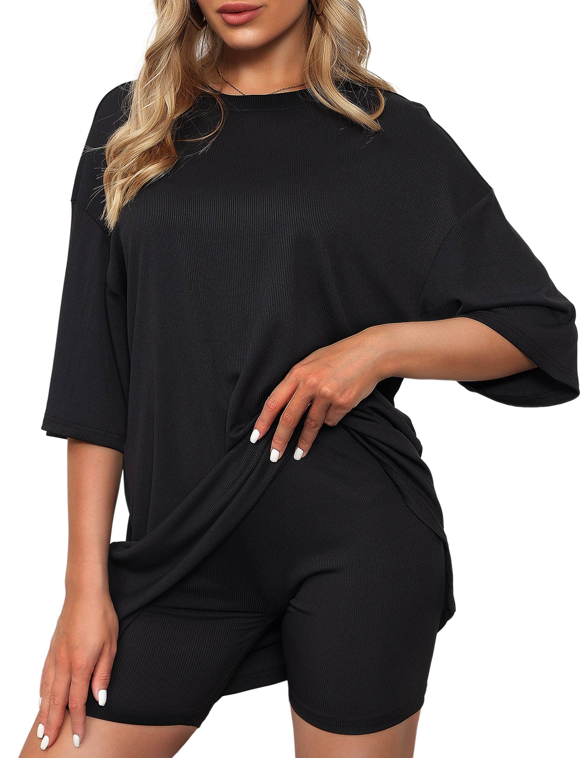 Photo 1 of Size XL--Boiltcat Two Piece Sets for Women Summer, Casual Oversized Ribbed Knitted T-Shirt Tops + Biker Shorts 2 Pcs Tracksuit Outfits, XL