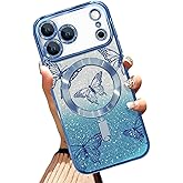 Illians Case Fit for iPhone 17 Pro Max 6.9 Inch [Compatible with MagSafe] Glitter Bling Magnetic Phone Case [2 Pieces of Butterfly Design Insert] Soft TPU Shockproof Phone Cover for Women - Blue