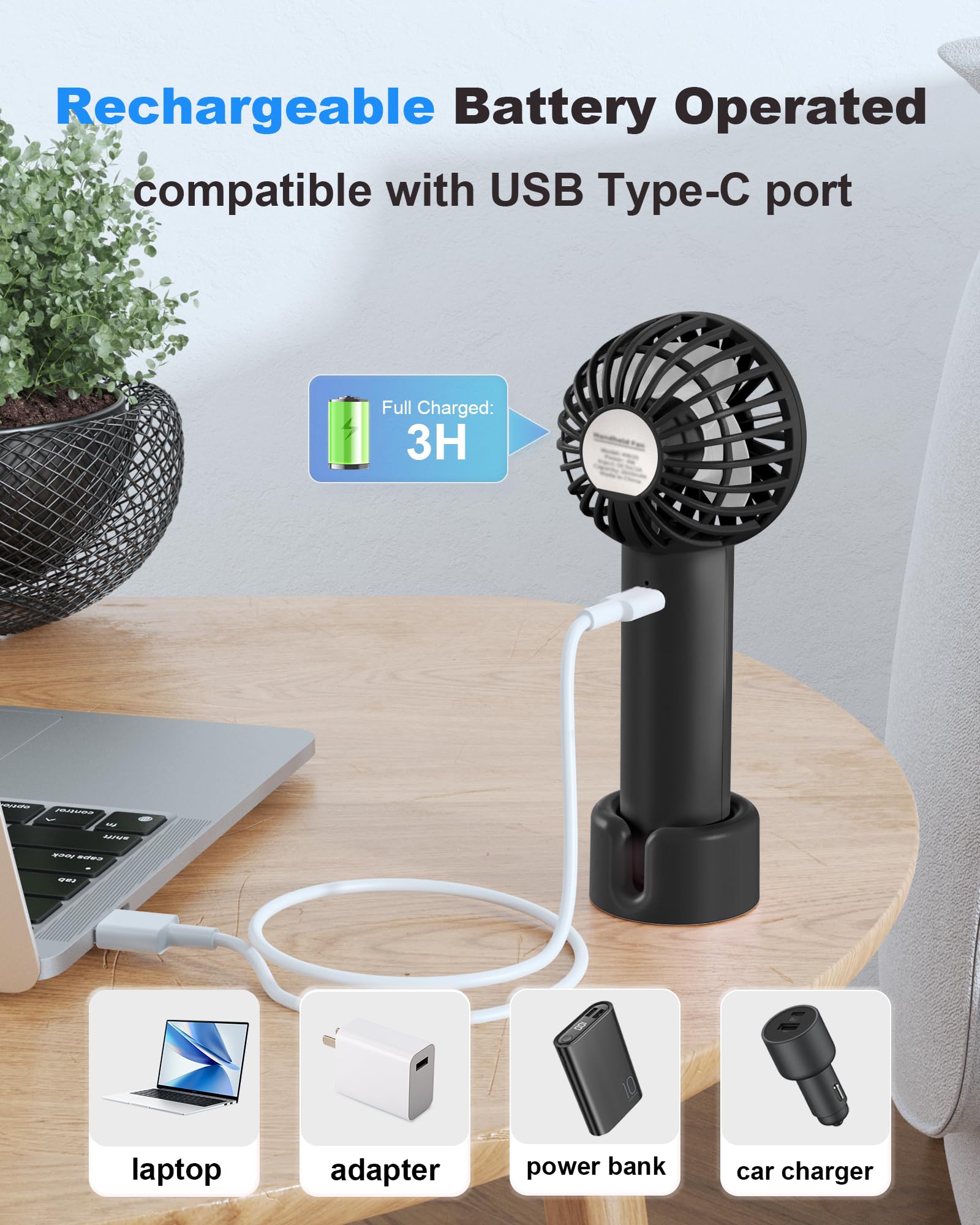Mini Handheld Fan, Small Cute Design, 3 Powerful Speeds, USB Rechargeable Battery Operated, Personal Portable Fan with Base & Lanyard, for Eyelash Makeup Travel Beach Office Desk, Black
