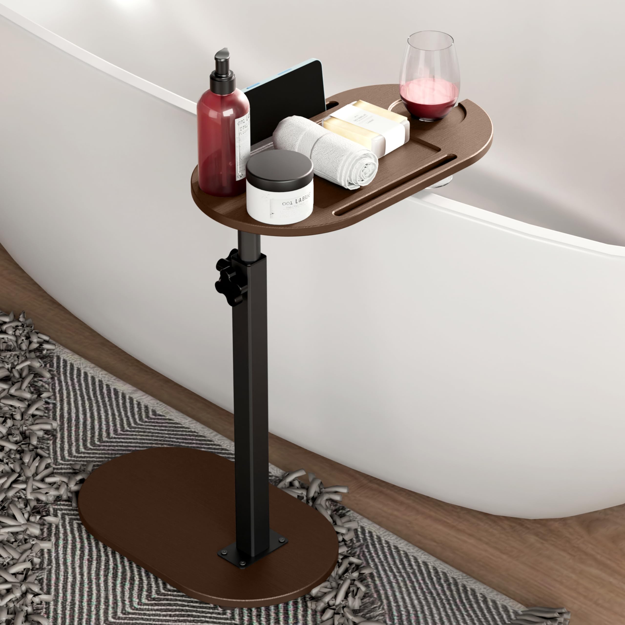 Yumkfoi Bamboo Bathtub Tray Table with Adjustable Height, Freestanding Bath Caddy Side Table for Tub Against Wall, Tub Shelf with Wine Glass Phone Holder, Gift for Women/Men - Patent Protected (Brown) — image 1