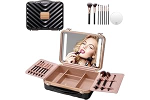 Mocado Travel Makeup Case with Lighted Mirror, Makeup Box with 8 Makeup Brushes and 10x Magnifying Mirror,Cosmetic Case Adjustable Brightness Makeup Train Case with Makeup Brushes Divider(Black)