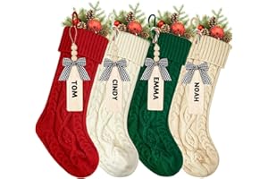 HOUSCLY 18 Inches Personalized Christmas Stockings: 4 Pack Ivory Red Green Khaki Knit Christmas Stockings Set with Name Tags Christmas Decor Neutral Xmas Decorations Holiday Farmhouse Indoor Home Decor
