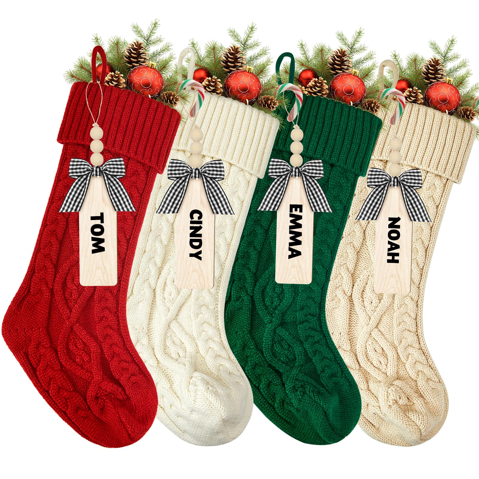 Photo 1 of 18 Inches Personalized Christmas Stockings: 4 Pack Ivory Red Green Khaki Knit Christmas Stockings Set with Name Tags Christmas Decor Neutral Xmas Decorations Holiday Farmhouse Indoor Home Decor