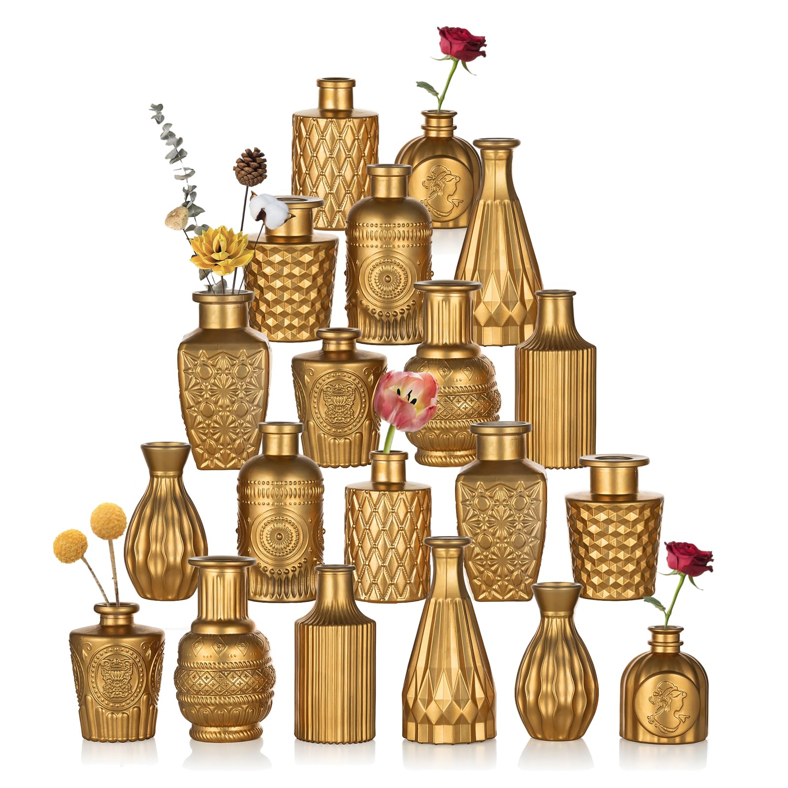 Hewory Golden Small Glass Vases for Centerpieces 20pcs Dark Gold Bud