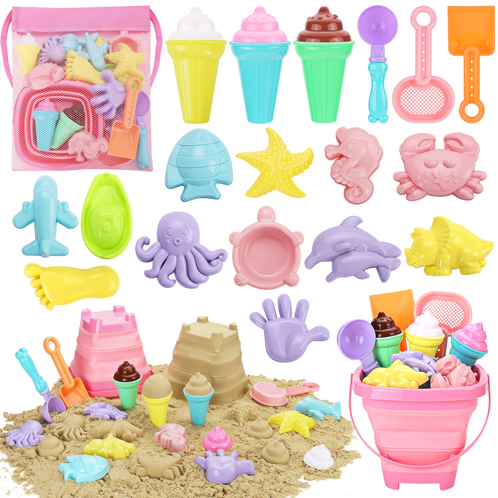 Photo 1 of REZUCREY Beach Toys, Ice Cream Sand Toys for Toddlers, with Collapsible Bucket and Shovels for Kids with Bag, Travel Toys for Boys Baby Girls Age 3 4 5 6 7 8+