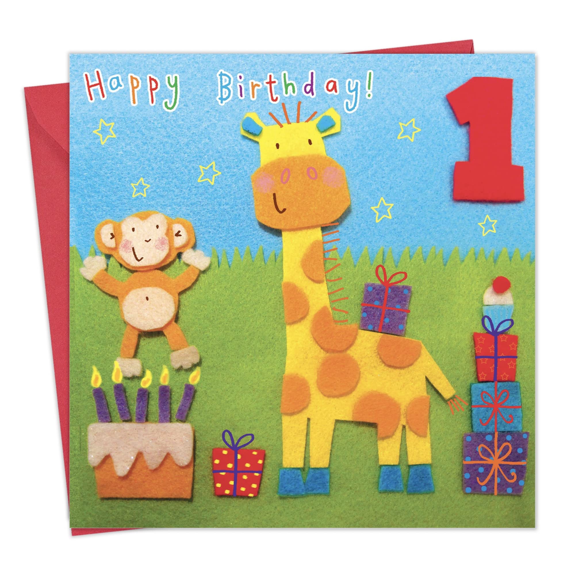 Twizler 1st Birthday Card For Child with Giraffe and Monkey - One Year Old - Age 1 - Childrens Birthday Card - Girls Birthday Card - Boys Birthday Card - Happy Birthday Card