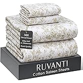 RUVANTI 100% Cotton Sheets Queen Size Bed Set - 300 Thread Count Silky Soft Sateen Weave, Cooling, Lightweight & Breathable, 16" Deep Pocket, Durable & Luxury Satin-Like, 4 Piece, Classic Bliss