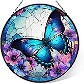 Butterfly Stained Glass Window Hanging - 7.9'' Handmade Sun Catcher Floral Garden Decor, Colorful Glass Panel Crystal Butterfly Wall Art for Home Windows - Birthday Gifts for Women, Mom, Nature Lovers