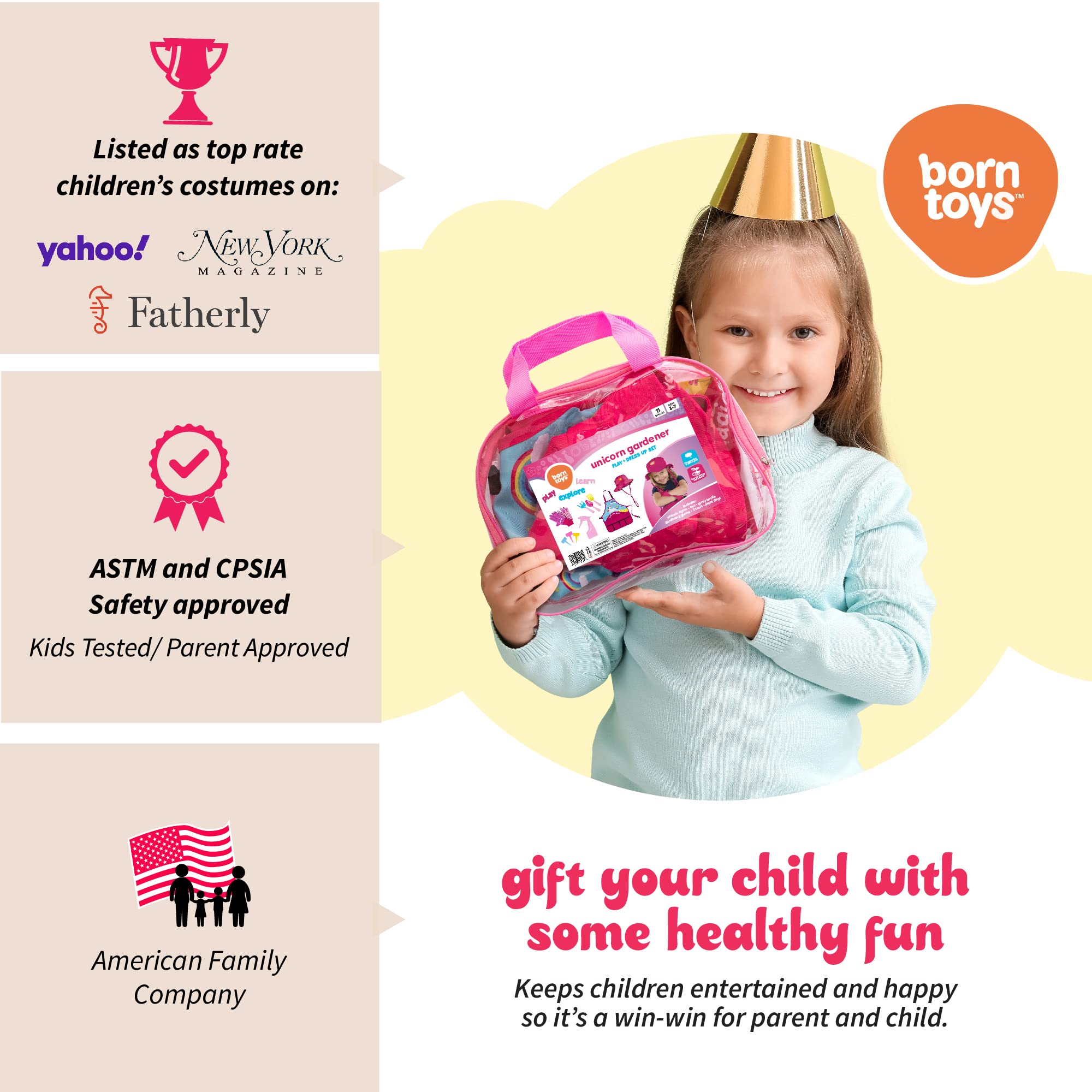Born Toys Unicorn Kids Gardening Set for Ages 3 & Up, Includes Apron, Sun Hat, Gloves, Shovel - 11pcs Girls Gardening Kit (Pink)