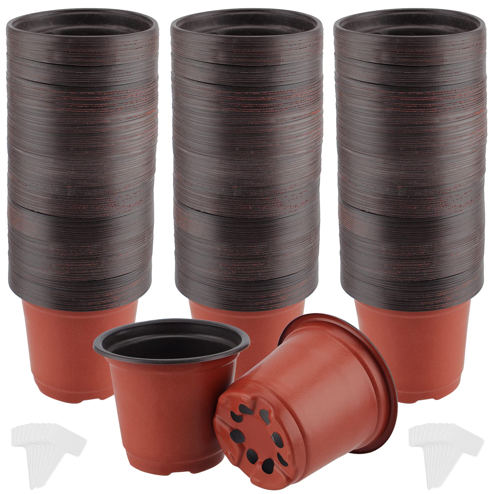 SINJEUN 200 Pack 10cm Plastic Plant Flower Pots, Flexible Small Nursery Pots with Plant Tags, Seedling Nursery Pots Seed Starting Pots Flower Plant Container for Succulent Plants Small Potted Plants