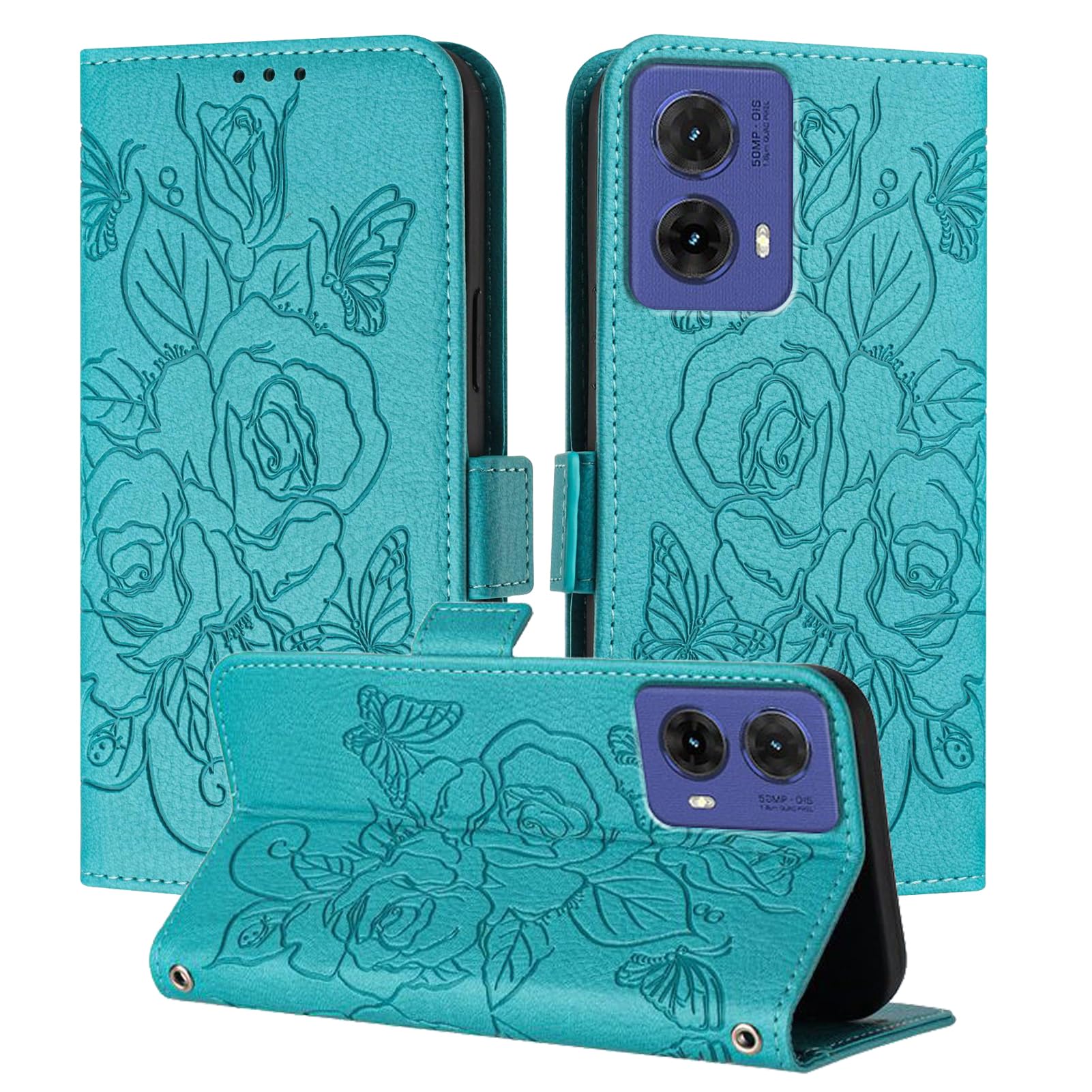 IMEIKONST Compatible with Motorola Moto G85 5G Case, PU Leather Cell Phone Shell RFID Blocking Card Slots Wallet Case Kickstand Magnetic Flip Cover for Moto G85 5G. Lake Blue Flowers YBH