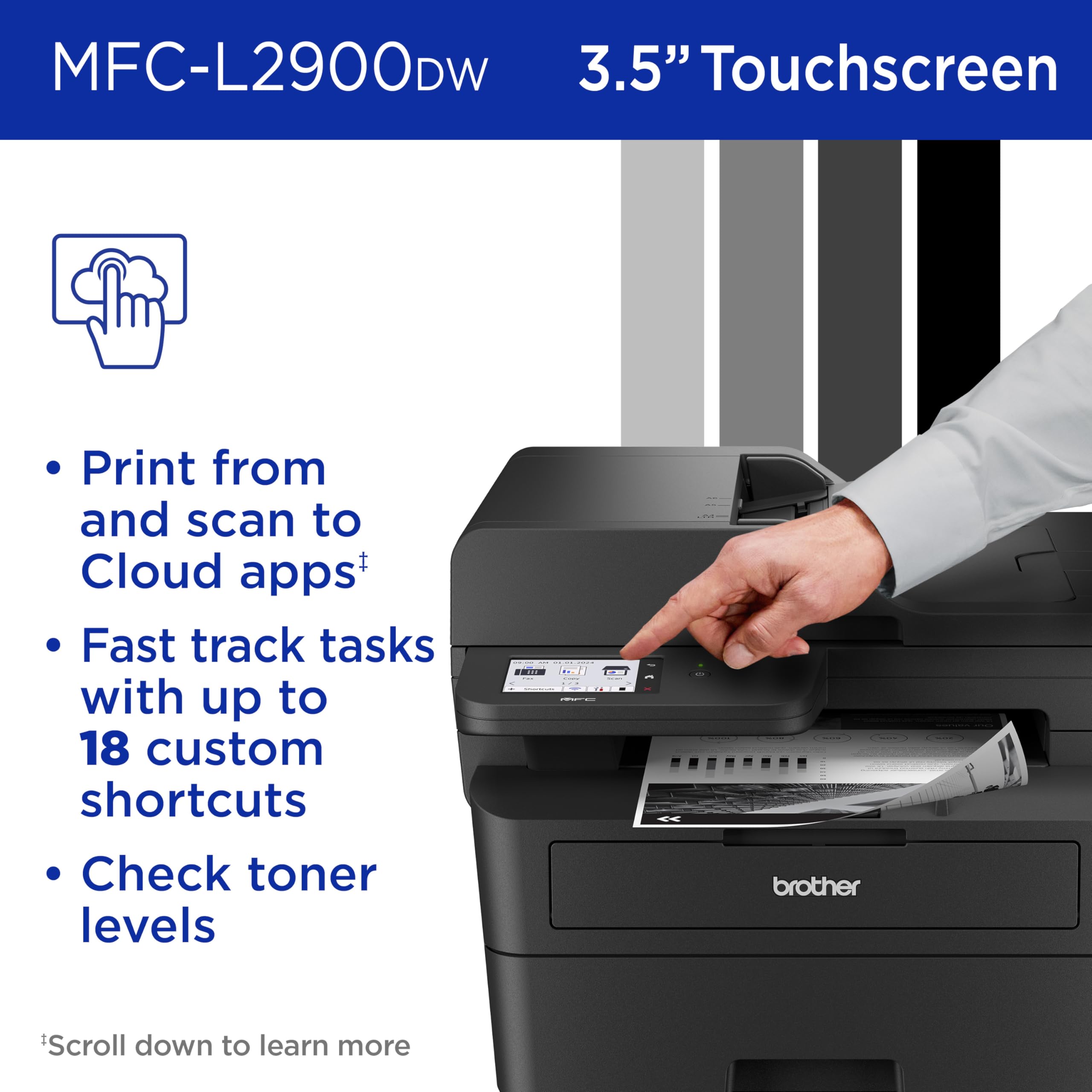 Brother Professional Laser Printer with Scanner, High-Speed 36 ppm Monochrome All-in-One, Wireless Duplex Printing and Scanning, Cloud-Ready 3.5 in Touchscreen for Small Business (MFC-L2900DW)