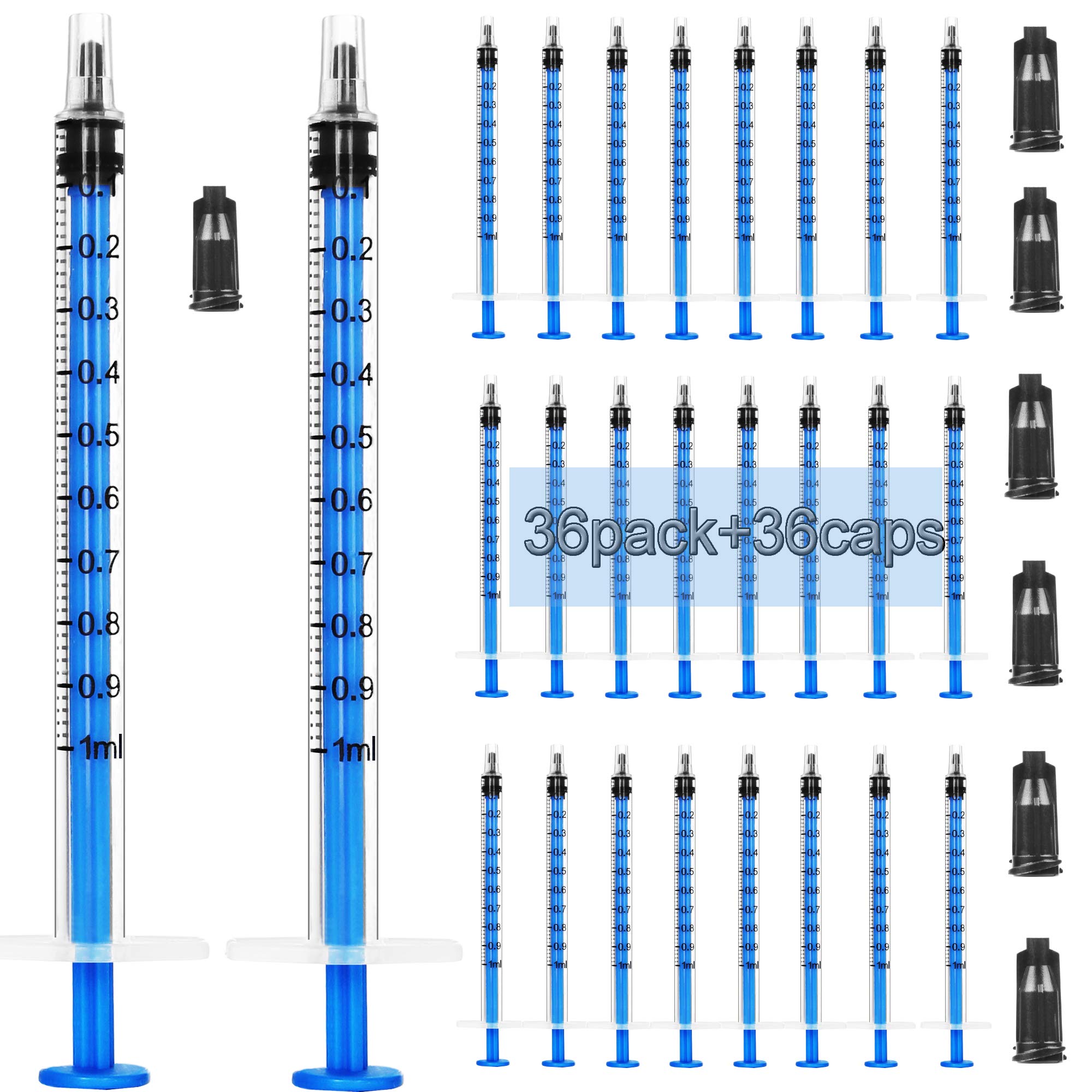 36 Pack 1ml Plastic Syringe +36pcs covers, Sealed Individual Package Without Needle with Measurement, Suitable for Scientific Labs, Refilling and Measuring Liquids, Feeding Pets, Oil Applicator