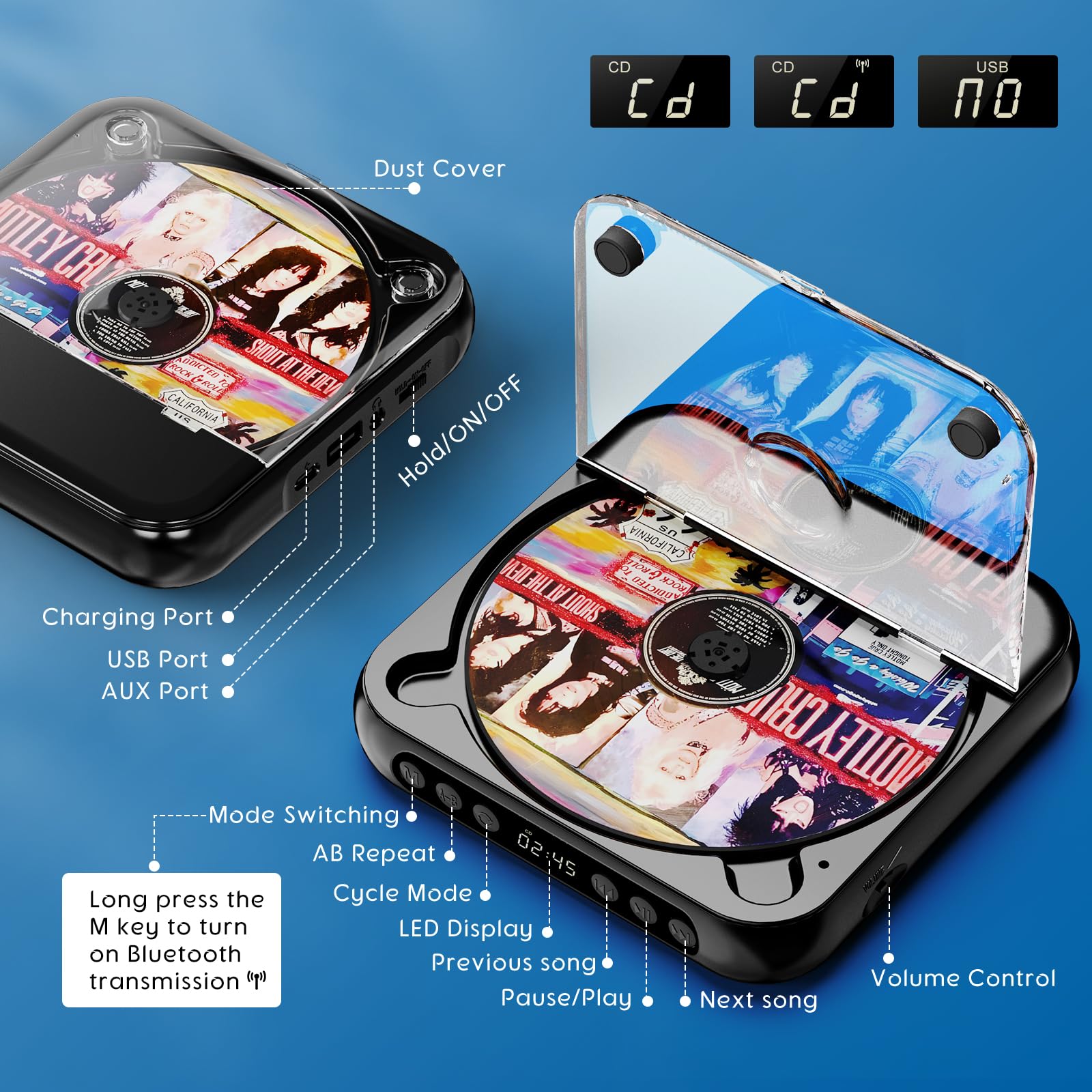 Portable CD Player with Bluetooth 5.3, Rechargeable CD Player for Home/Car, Built-in HiFi Speakers, Headphones, LCD Screen, Supports CD/AUX/USB and Repeat Modes, Black