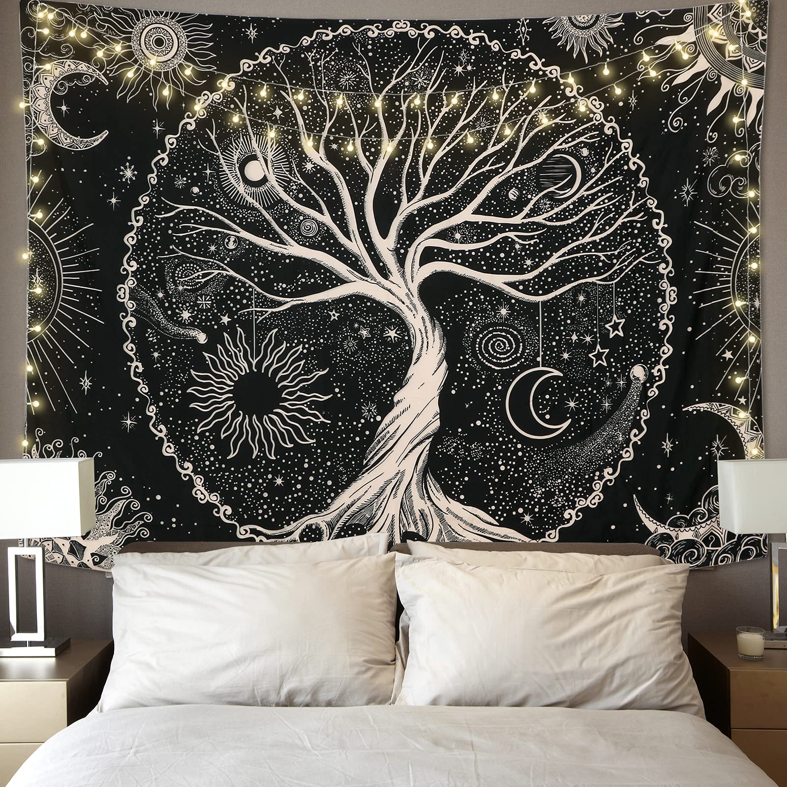 Betylifoy Tree of Life Tapestry Moon and Sun Black Wall Hanging Tapestry Psychedelic Mandala Star Tapestry Hippie Tapestry for Bedroom (Tree, 175 x 230 cm)