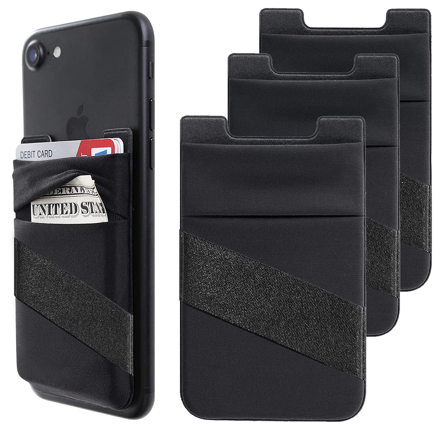 Phone Wallet Stick On with Finger Strap Stretchy Card Holder for Back of Phone Credit Card Holder for Case Compatible with iPhone, Samsung -3Pack