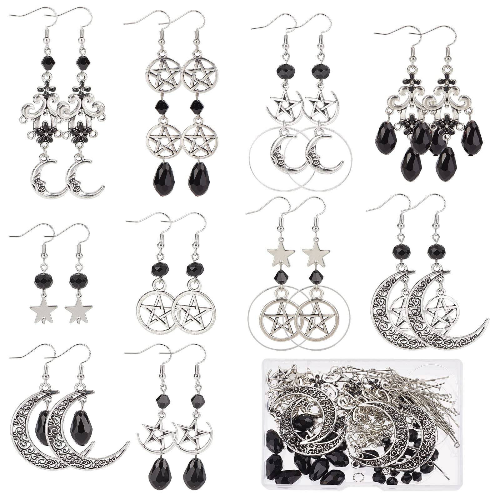 SUNNYCLUE 1 Box DIY 10 Pairs Moon Charms Stars Gothic Style Earrings Making Starter Kit Chandelier Charm Black Faceted Beads Crescent Charms for Fab Kits