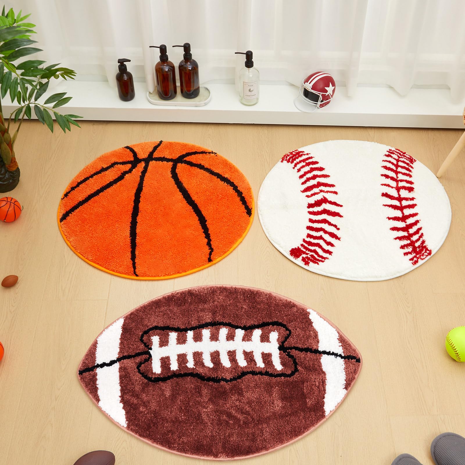 Photo 1 of 3 Pack Football Baseball Basketball Rug 26-32" Plush Round Sports Non Slip Washable Mat Decorative Area Rug Carpet for Bedroom Bathroom Floor Chair Rooms Decor