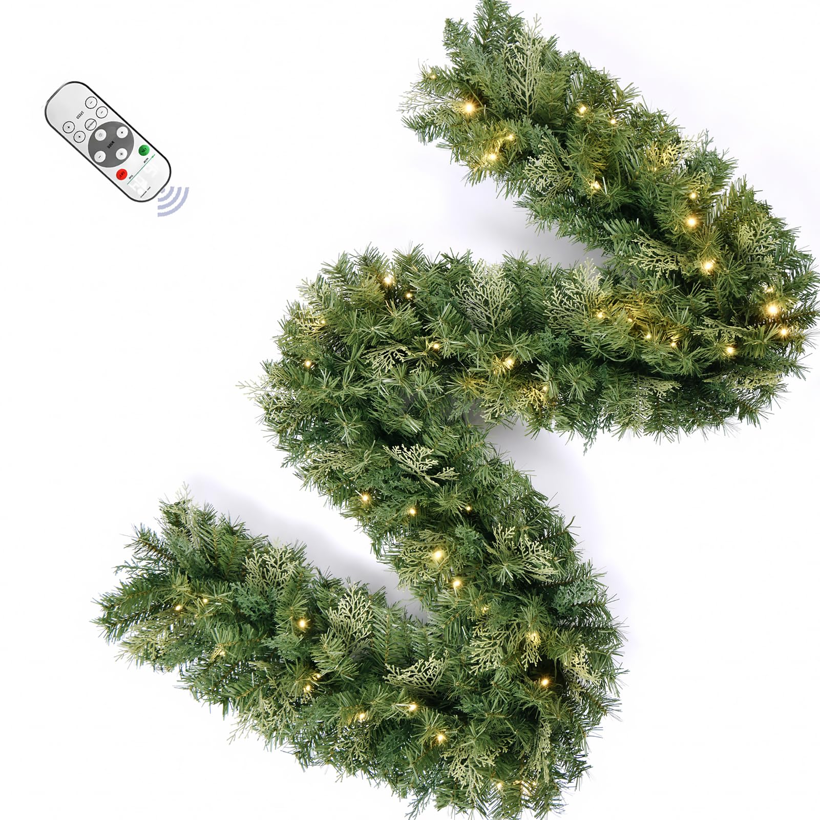 Photo 1 of Christmas Garland with Dual Color 50 LED Lights 9 Ft, Prelit Xmas Garland with Cypress Leaf, Timer by Remote Control and Batteries Operated for Mantle Staircase Indoor and Outdoor