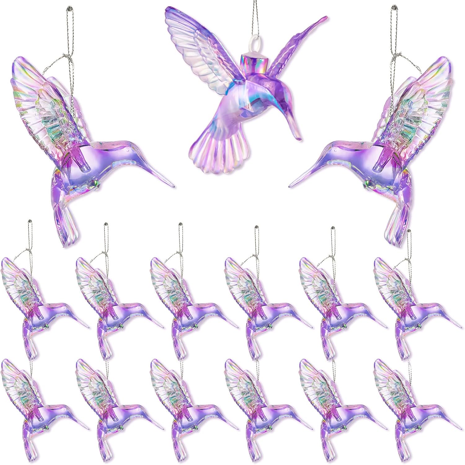 Ornaments - 15 Pcs Acrylic Hummingbird Christmas Hanging Ornaments Shiny Iridescent Hummingbird Ornament Acrylic Crystal Xmas Tree Pendants with Fish Line for Home Christmas Tree Party (Purple)