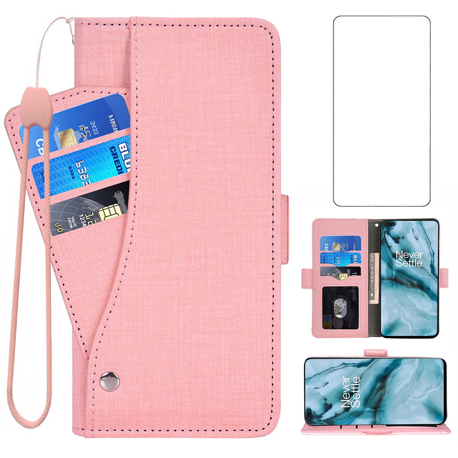 Asuwish Compatible with OnePlus Nord Wallet Case and Tempered Glass Screen Protector Leather Flip Cover Card Holder Cell Accessories Phone Cases for One Plus On 1 Plus 1plus One+ 1+ 1+Nord Women Pink