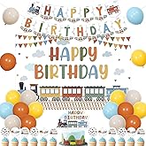 Sursurprise Train Theme Birthday Decorations, Steam Train Happy Birthday Backdrop Banner Sign, Railroad Crossing Cake Cupcake Topper Balloon for Transportation Traffic Vehicle Bday Party Decor