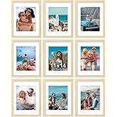 Vittanly 11x14 Picture Frames Set of 9, Shatter Resistant Plexiglass, Display 8x10 Pictures with Mat or 11x14 without Mat, Photo Frames for Wall or Tabletop, Engineered Wood, OAK