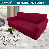 Granbest High Stretch Sofa Cover 3 Seater Wine Red Non Slip Jacquard Spandex view 2