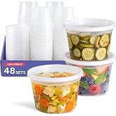GUSTO 16 oz Plastic Deli Containers with Lids [48 Sets] Food Storage | Microwave, Dishwasher &amp; Freezer Safe, Disposable or Reusable, BPA Free, Leak-Proof, Soups, Takeout, Meal Prep &amp; Leftovers
