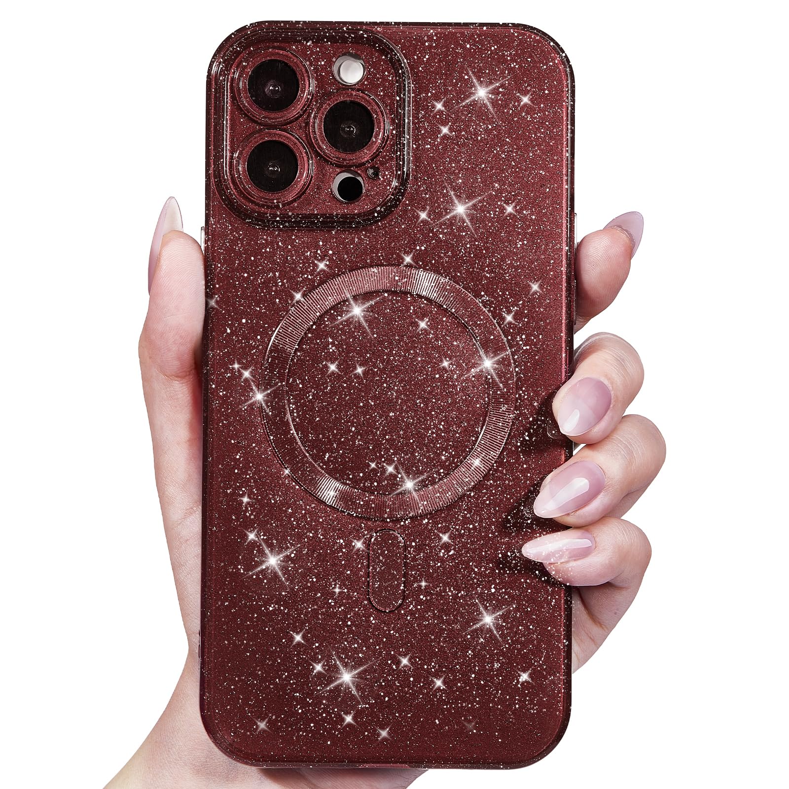 Svanove Glitter Case for iPhone 14 Pro Phone Case Magnetic Compatible with Magsafe, Sparkle Bling Shiny Sparkly Cute Girly Design, Bright Trendy Aesthetic Hard Mag Cover for Women, Burgundy Maroon