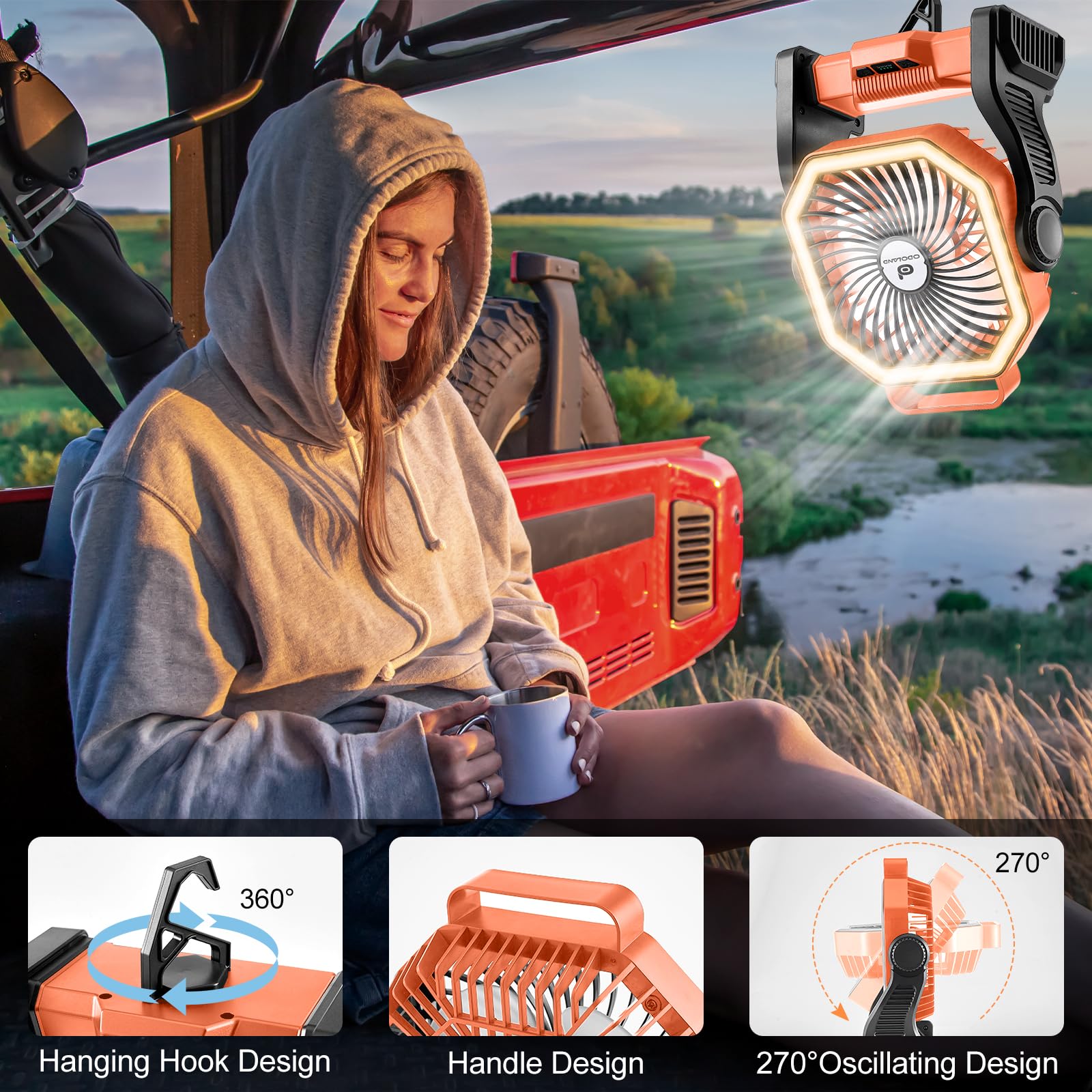 Odoland Rechargeable Camping Fan, 20000mAh Battery Fans with LED Lantern for Tent Car Beach Storm, Portable Light Desk Cooling Fan for Picnic Power Outage Hurricane, Orange