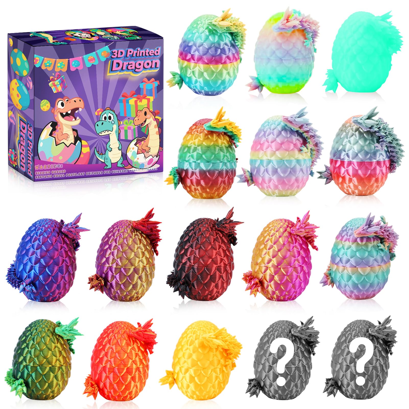 16 Pcs 3D Printed Dragon Eggs with Dragon Inside, Mini Dragon Egg Fidget Toy 3D Articulated Crystal Dragon Eggs, Easter Basket Stuffers 3D Printed Easter Eggs Animals Toy Set (16 Pcs)