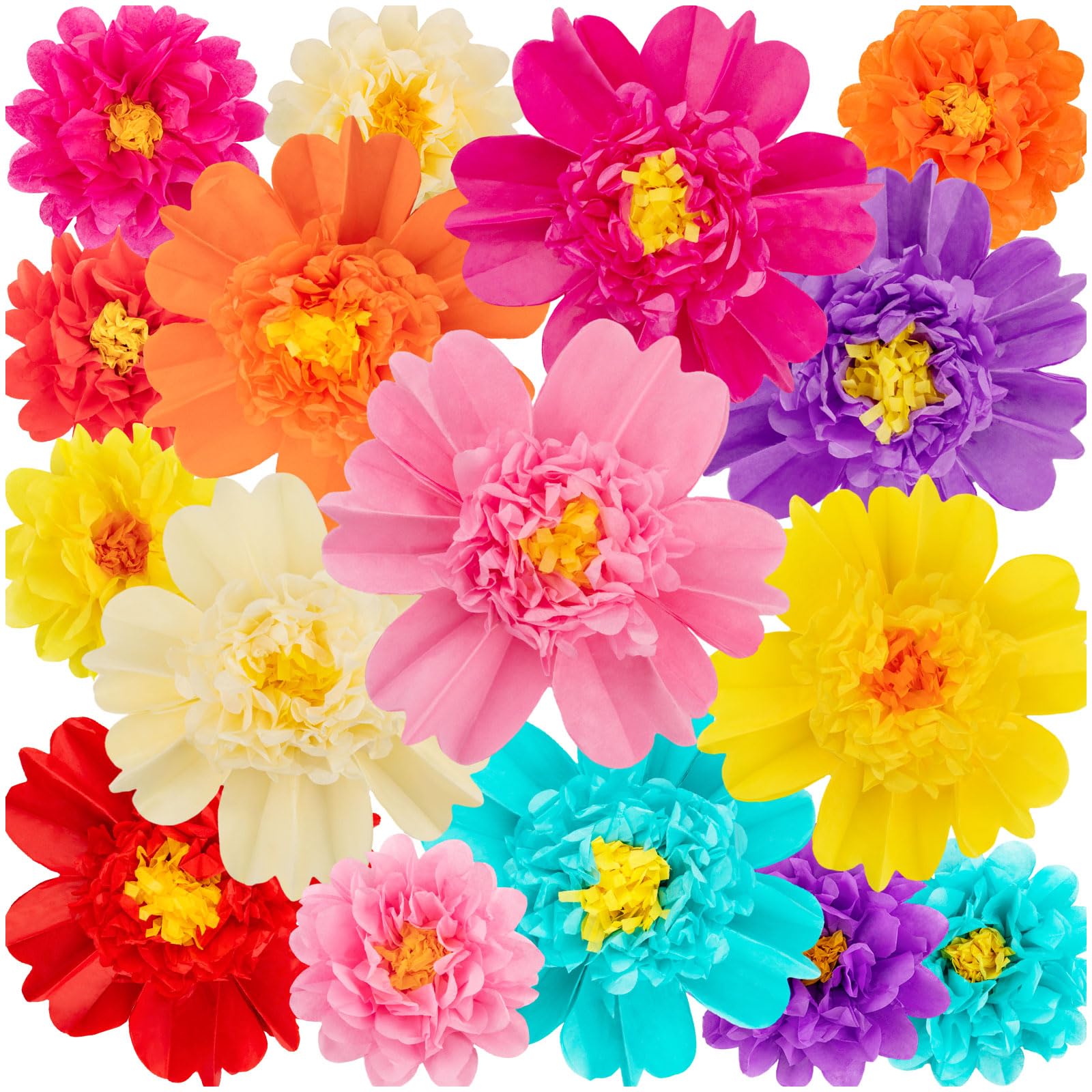 Photo 1 of Large Tissue Paper Flowers Colorful Mexican Paper Flower for Fiesta, Carnival, Party Backdrop, Wedding, Birthday Party, Nursery Craft Wall Decor, Baby Shower (16pcs 2 Sizes)