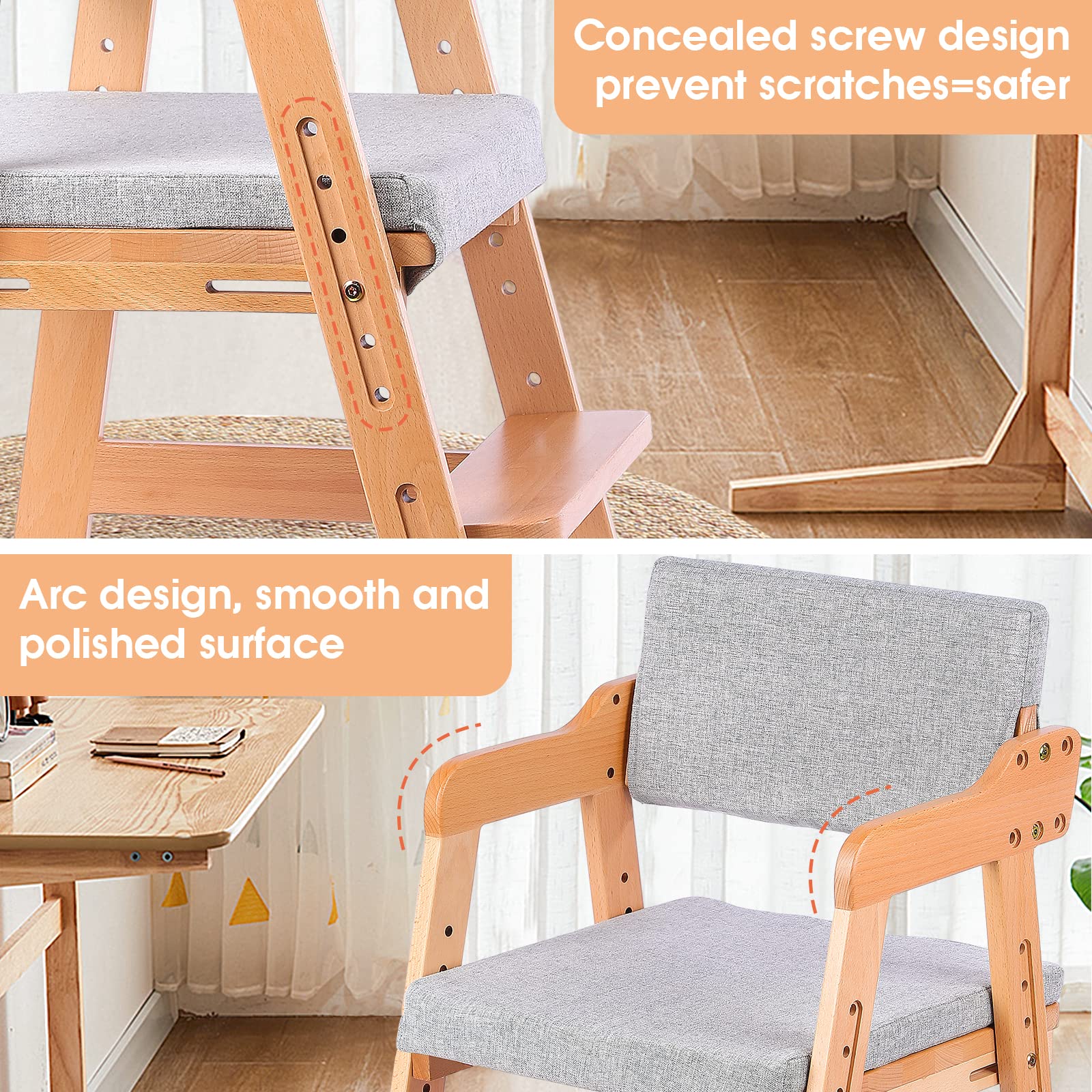 Ezebaby Wooden High Chair, Adjustable Highchair for Toddlers to Teens with Steps, Kids Dining Chair, Study Chair with Removable Cushion (Natural Color)