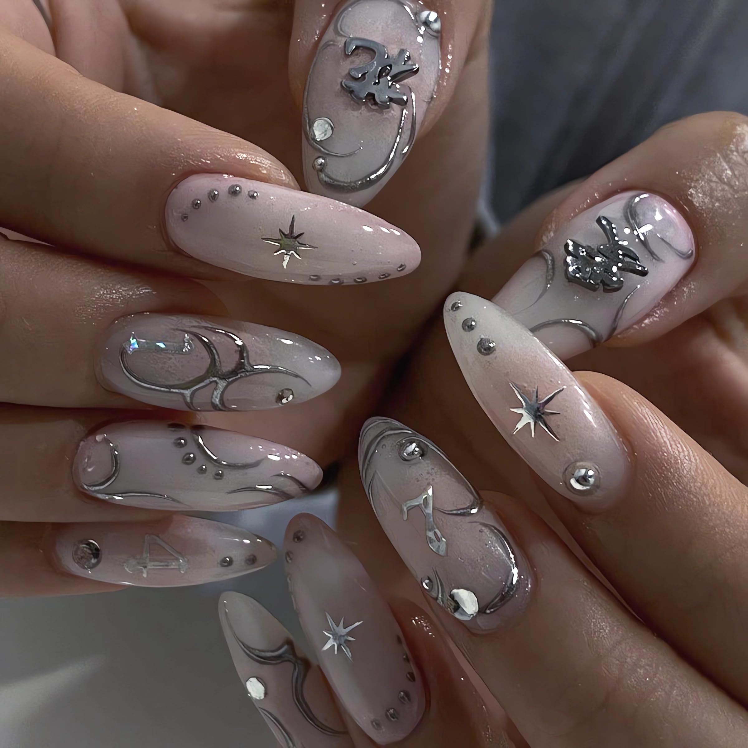 Photo 1 of IMSOHOT Almond Press on Nails Medium Fake Nails White Glossy Acrylic False Nails with Metal Charms Designs Full Cover Silver Flame Stiletto UV Artificial Nails for Women and Girls