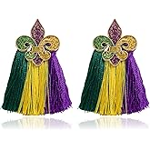 Mardi Gras Tassel Earrings Glitter Fleur De Lis Drop Earrings Purple Green Gold Dangle Earrings for Carnival Party Parade Accessories Gifts (Fleur de lis Tassel)