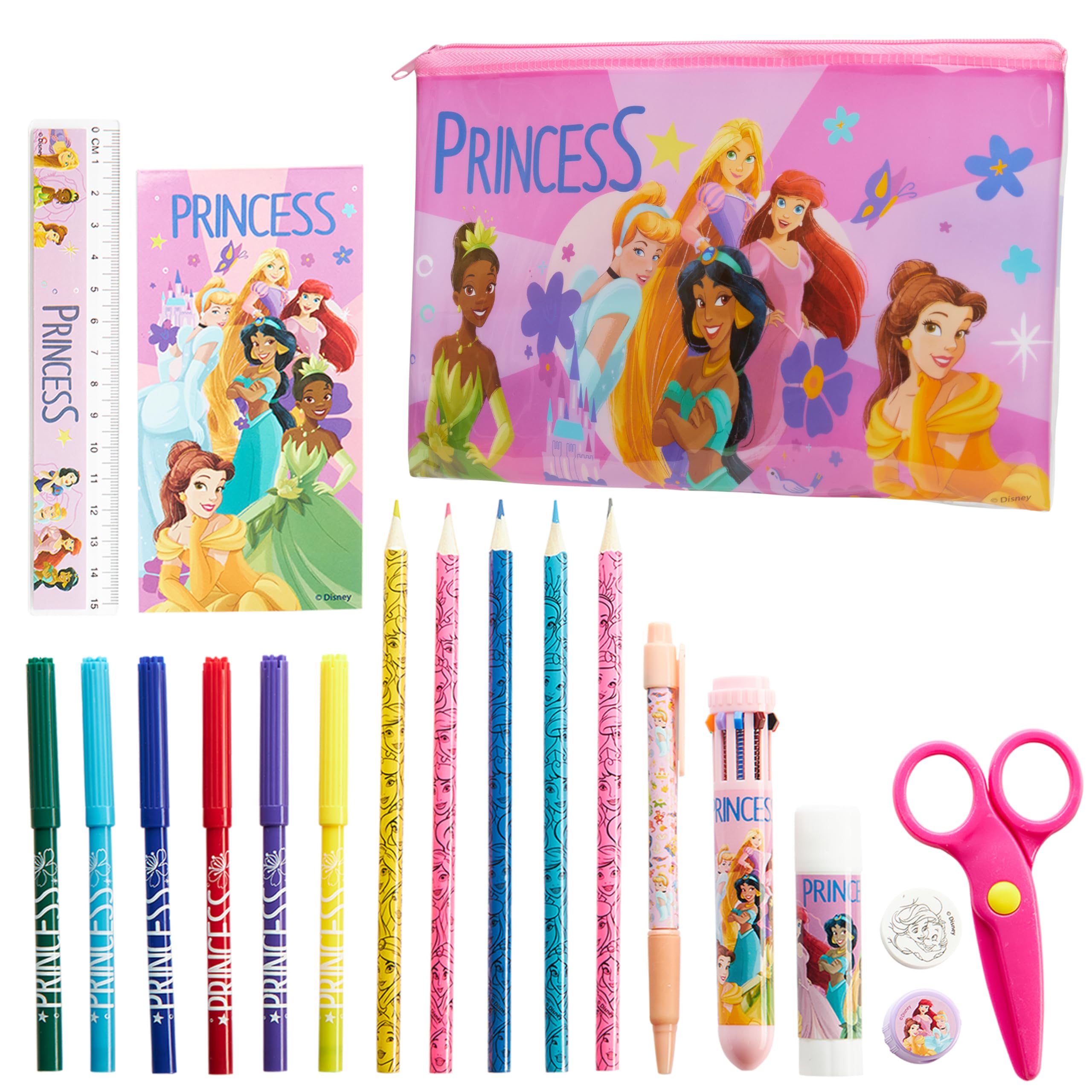 Disney Stitch Kids Pencil Case and Stationery Supplies Set for Preschool Nursery Notebook Colouring Pencils Pen, Girls Gifts (Pink Princess)