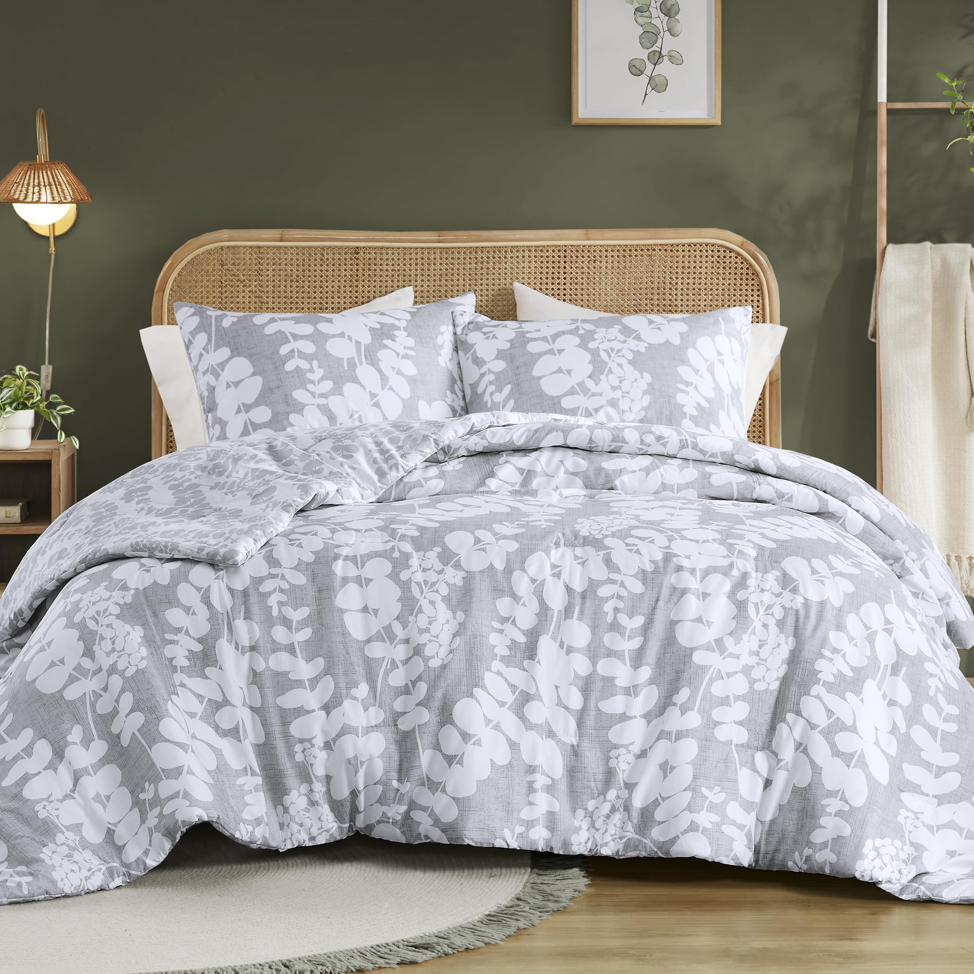 Photo 1 of Comfort Spaces Queen Comforter Set, Breathable Microfiber Comforter Sets, Reversible Floral Comforters, Lightweight All Season Farmhouse Bedding, Matching Shams, Full/Queen, Grey 3 Piece