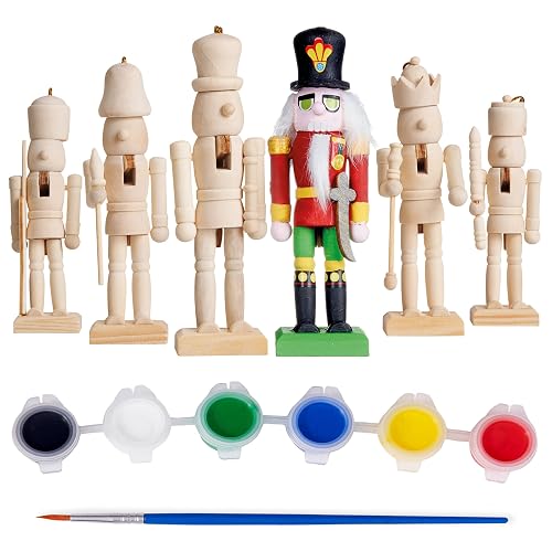 THE TWIDDLERS 6 Christmas Wooden Nutcracker Set, 13cm - Paint Your Own Toy Soldier with Stickers and Stick On Beards, Kids DIY Art & Craft Gift Decorations