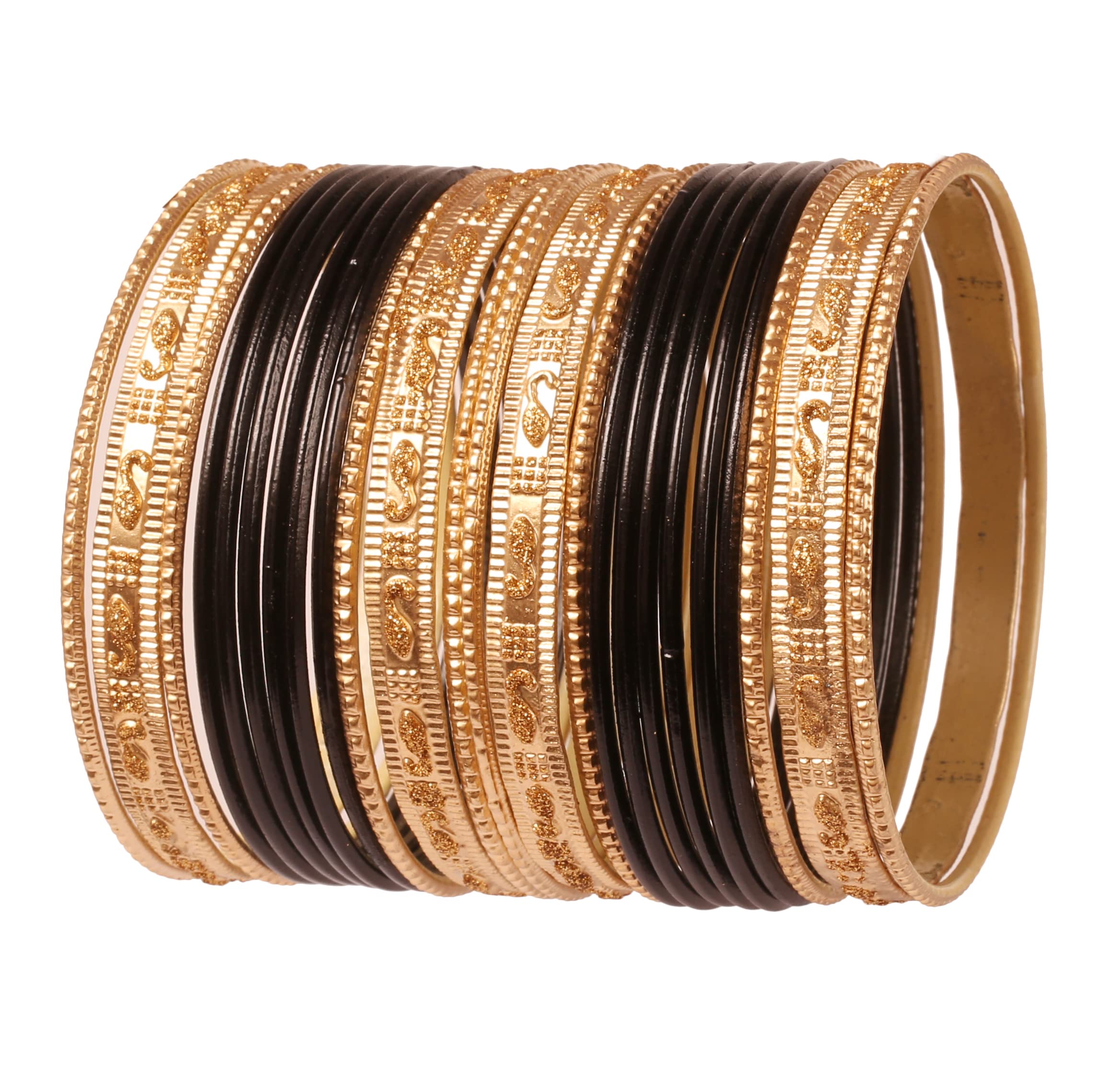Touchstone New Indian Bollywood Colorful 2 Dozen Bangle Collection Golden Glitters Textured Black Color Large Size Designer Jewelry Special Bangle Bracelets Set of 24 in Gold Tone for Women.