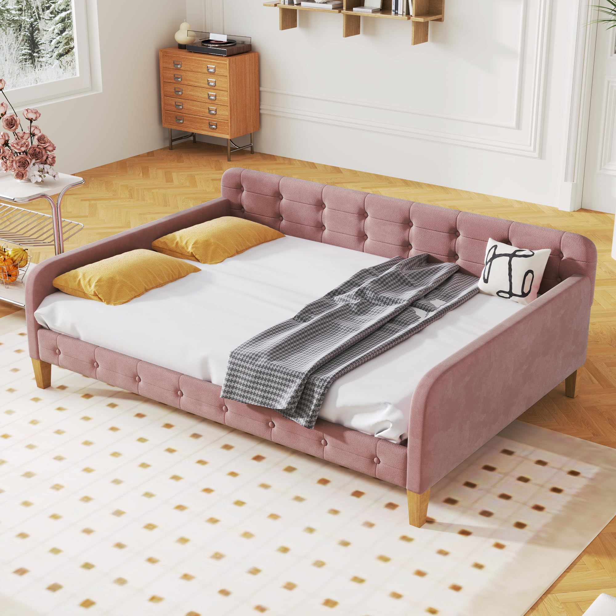 ACQCA Twin Size Upholstered Daybed With Trundle - Tufted Sofa Bed, Green, 80.5"L X 44.5"W X 33.5"H