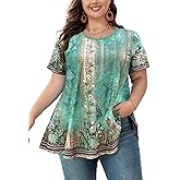 Tunic Tops for Women Plus Size Short Sleeve Crew Neck Swing Flare Loose T-Shirt Blouses to Wear with Leggings
