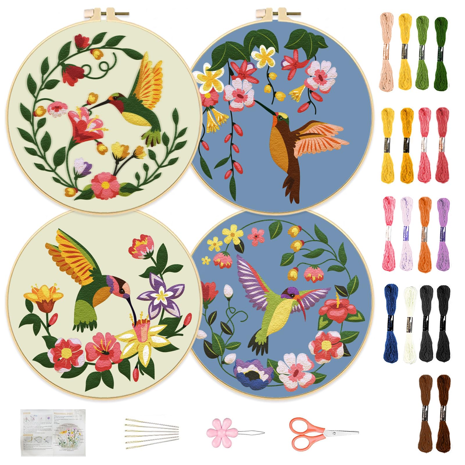 FREEBLOSS 4 Set Hummingbird and Flowers Embroidery Starter Kit for Adults, Includes 4 Embroidery Fabric, Cross Stitch Kit with Pattern and Instructions, Not Foldable
