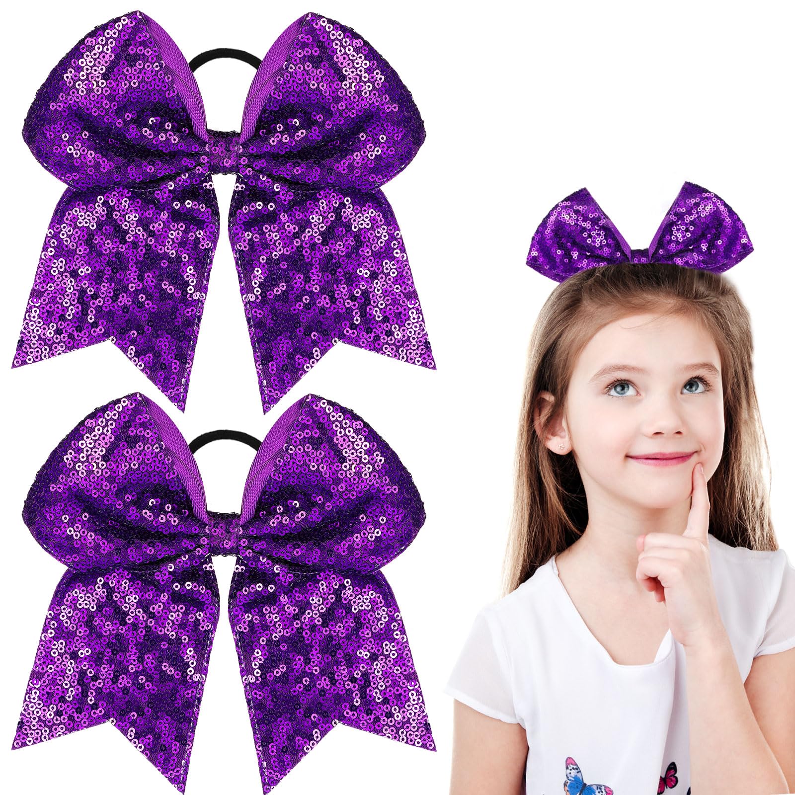 Photo 1 of 2 Packs Jumbo Cheerleading Bow 8 Inch Large Cheer Hair Bows with Ponytail Holder for Teen Girls Softball Outfit Uniform(Sequin Purple)