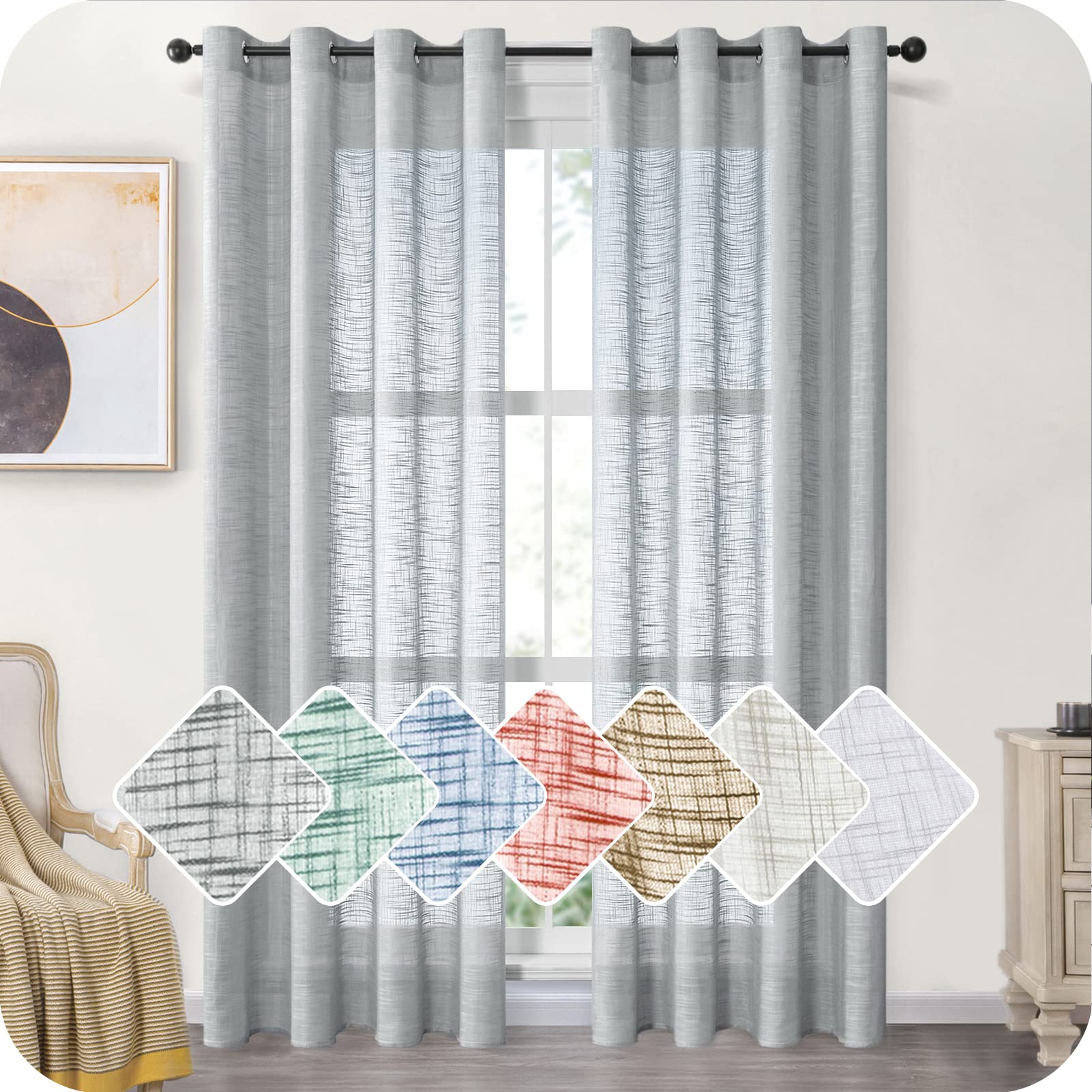 MRTREES Linen Textured Voile Curtains 96 Drop 2 Panels Short Window Semi Transparent Sheer Curtain Panels for Living Room Bedroom Bay Window Weave Slub Design 140x245cm Grey