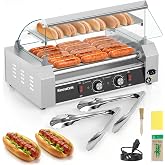 Seeutek Hot Dog Roller 7 Rollers 24 Hot Dogs Capacity 1100W | Stainless Sausage Grill Cooker Machine,Dual Temp Control,Glass Hood Acrylic Cover,Bun Warmer Shelf,Removable Oil Drip Tray