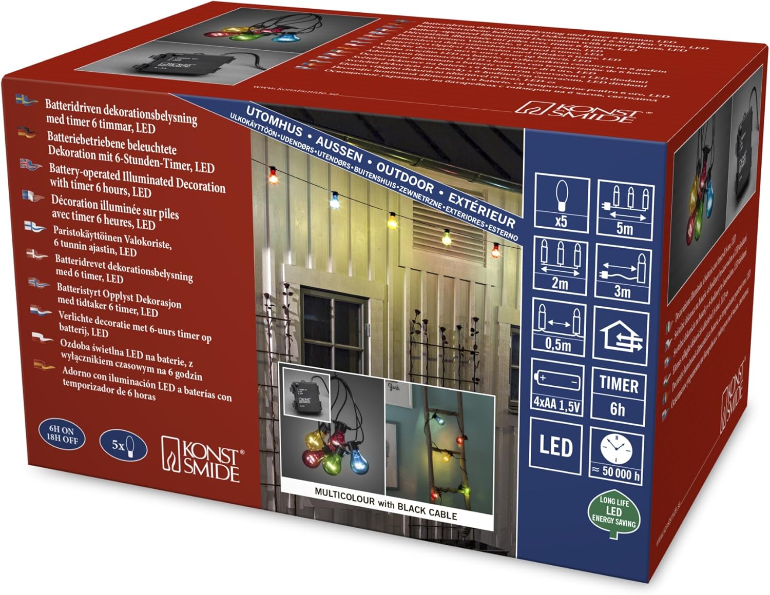 Konstsmide LED Garden Lights/Outdoor (IP44)/5 Multi Bulbs/40 Diodes/6h Timer/Black Cable/Battery Operated: 4xAA 1.5V (excl.)