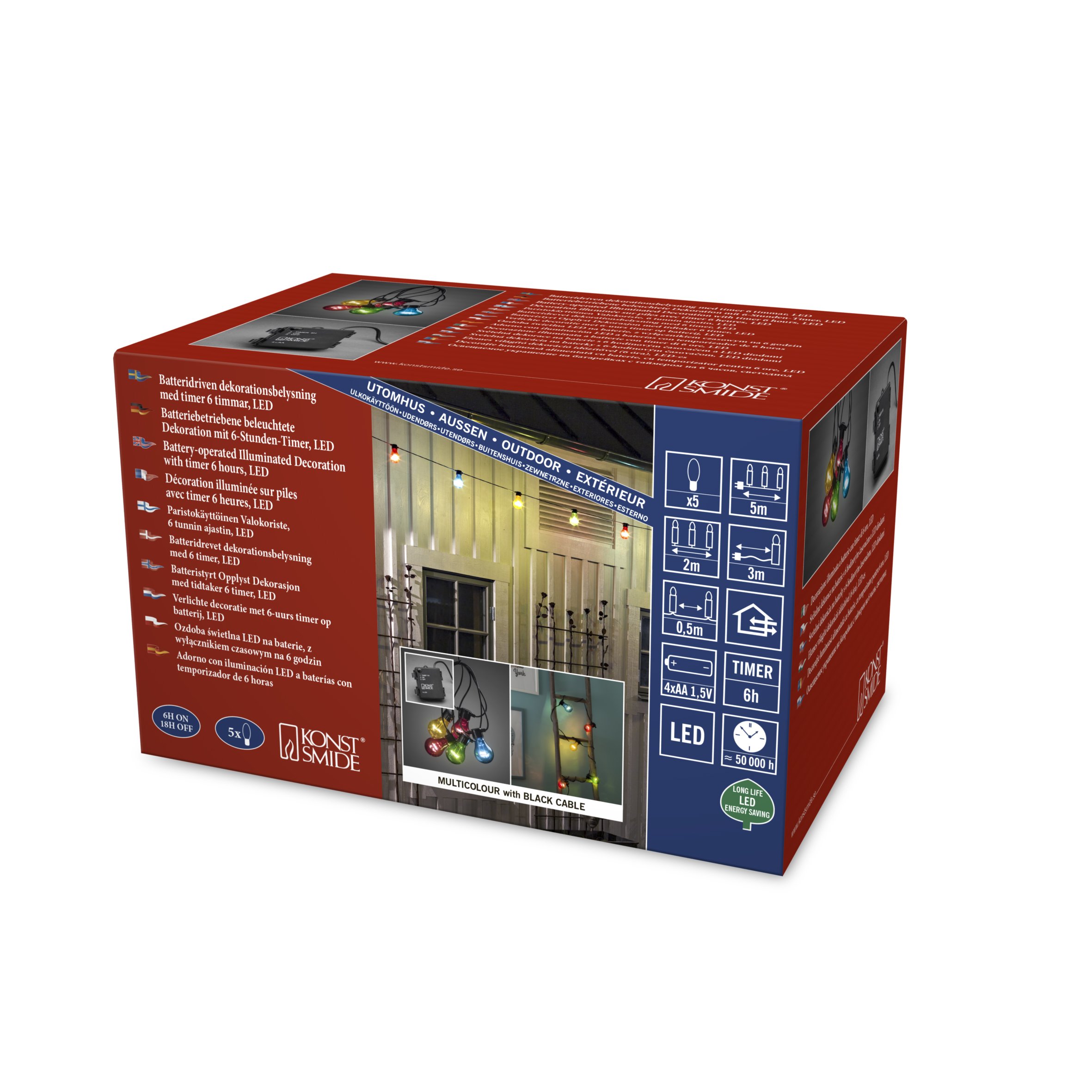 Konstsmide LED Garden Lights/Outdoor (IP44)/5 Multi Bulbs/40 Diodes/6h Timer/Black Cable/Battery Operated: 4xAA 1.5V (excl.)